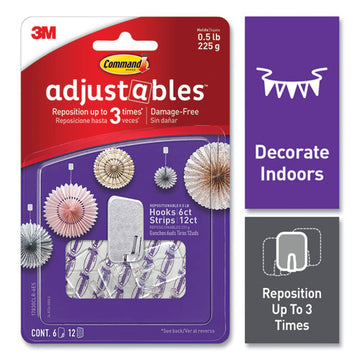 Command™ Adjustables Repositionable Mini Hooks, Plastic, White, 0.5 Lb Capacity, 6 Hooks And 12 Strips freeshipping - TVN Wholesale